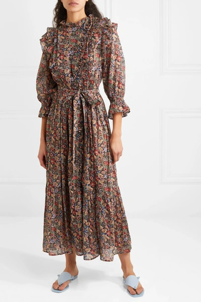 Shop Doen Esme Ruffled Floral-print Cotton-voile Maxi Dress In Black