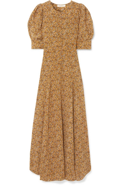 Shop Doen Laurel Asymmetric Floral-print Silk Crepe De Chine Maxi Dress In Mustard