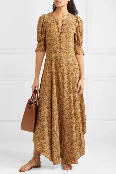 Shop Doen Laurel Asymmetric Floral-print Silk Crepe De Chine Maxi Dress In Mustard