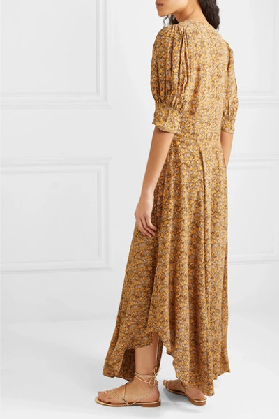 Shop Doen Laurel Asymmetric Floral-print Silk Crepe De Chine Maxi Dress In Mustard