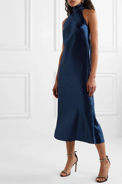 Shop Galvan Sienna Halterneck Satin Midi Dress In Navy