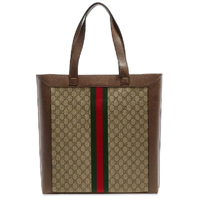 Shop Gucci Ophidia Gg Tape Wallet Tote Bag In Brown