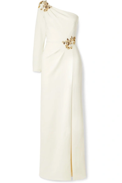 Shop Marchesa Notte One-sleeve Embellished Crepe Gown In Ivory