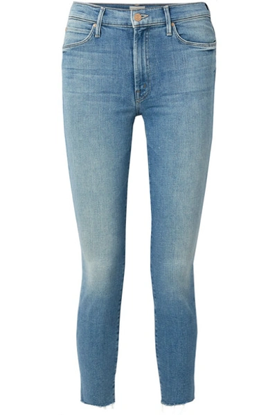 Shop Mother The Stunner Cropped Distressed High-rise Skinny Jeans In Light Denim