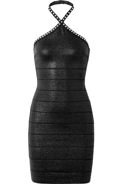 Shop Herve Leger Swarovski Crystal-embellished Metallic Bandage Halterneck Mini Dress In Black