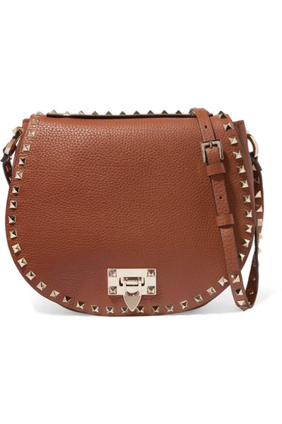 Shop Valentino Garavani Rockstud Small Textured-leather Shoulder Bag In Brown