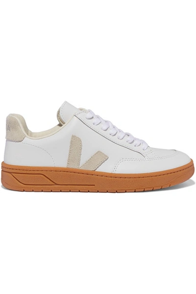 Shop Veja V-12 Suede-trimmed Leather Sneakers In White