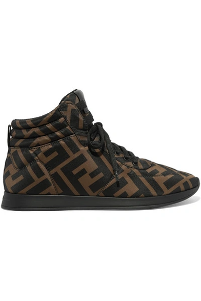 Shop Fendi Leather-trimmed Logo-print Neoprene High-top Sneakers In Brown