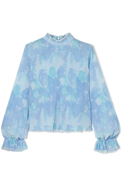 Shop Ganni Ruffled Floral-print Plissé-georgette Top In Sky Blue