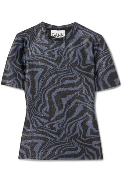 Shop Ganni Metallic Tiger-print Stretch-jersey Top In Blue
