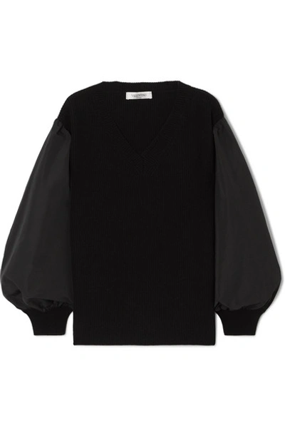 Shop Valentino Paneled Cotton-blend Poplin And Wool And Cashmere-blend Sweater In Black