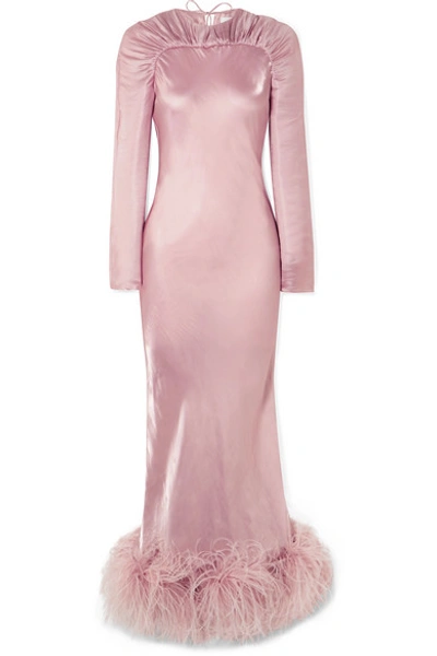 Shop 16arlington Astair Open-back Feather-trimmed Ruched Satin Gown In Pink