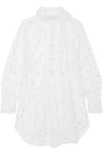 Shop Valentino Oversized Pussy-bow Crystal-embellished Tulle Shirt In White