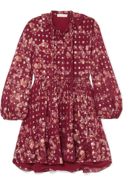 Shop Chloé Tie-neck Ruffled Floral-print Fil Coupé Silk-chiffon Mini Dress In Burgundy