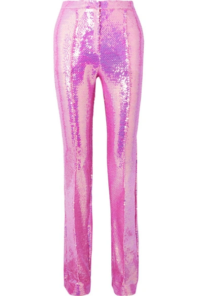 Shop Rabanne Sequined Satin Straight-leg Pants In Pink