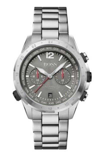 Shop Hugo Boss - Dual Time Chronograph Watch In Gray Plated Stainless Steel In Assorted-pre-pack