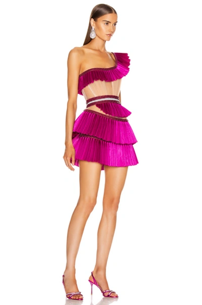 Shop Aadnevik One Shoulder Pleated Ruffle Mini Dress In Pink