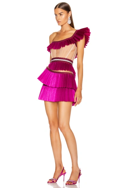Shop Aadnevik One Shoulder Pleated Ruffle Mini Dress In Pink