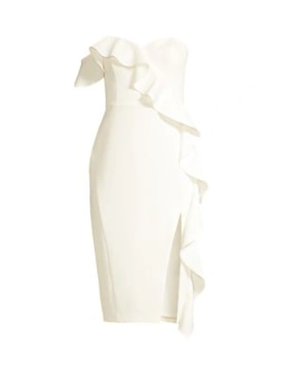 Shop Aidan Mattox Crepe One-shoulder Ruffle Sheath Dress In Ivory