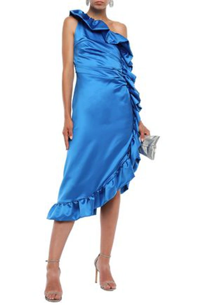 Shop Ainea One-shoulder Asymmetric Duchesse-satin Dress In Azure