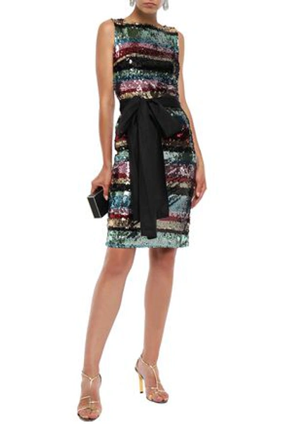 Shop Ainea Belted Striped Sequined Woven Dress In Multicolor