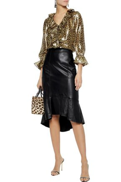 Shop Alice And Olivia Elliot Ruffle-trimmed Leopard-print Silk-blend Lamé Blouse In Gold