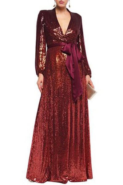 Shop Jenny Packham Satin-trimmed Dégradé Sequined Silk-chiffon Wrap Gown In Merlot