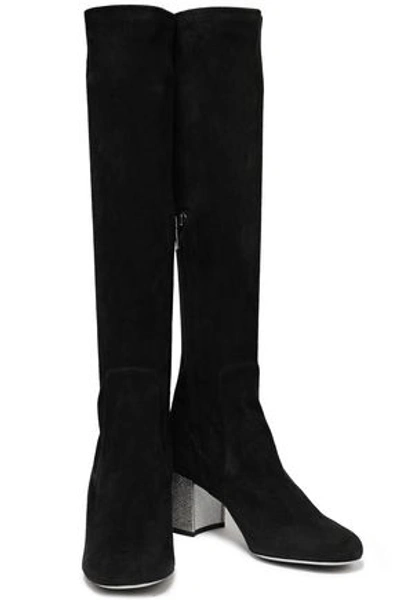 Shop René Caovilla Crystal-embellished Stretch-suede Knee Boots In Black