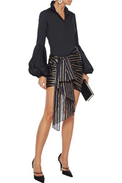 Shop Alexandre Vauthier Pleated Metallic Striped Chiffon Mini Skirt In Navy