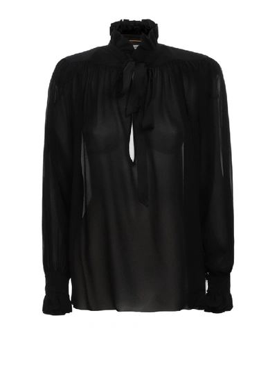 Shop Saint Laurent Shoulder Pad Sheer Georgette Silk Blouse In Black