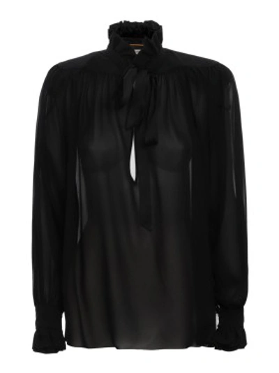 Shop Saint Laurent Shoulder Pad Sheer Georgette Silk Blouse In Black