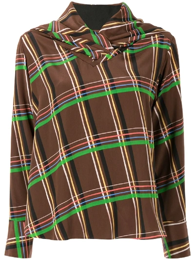 Shop Akira Naka Draped Neck Checked Blouse In Brown