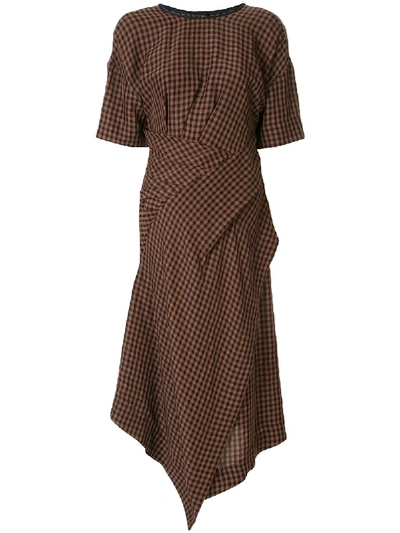 Shop Akira Naka Asymmetric Checked Pattern Dress In Brown