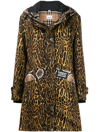 Shop Burberry Animal Print Hooded Parka In Brown