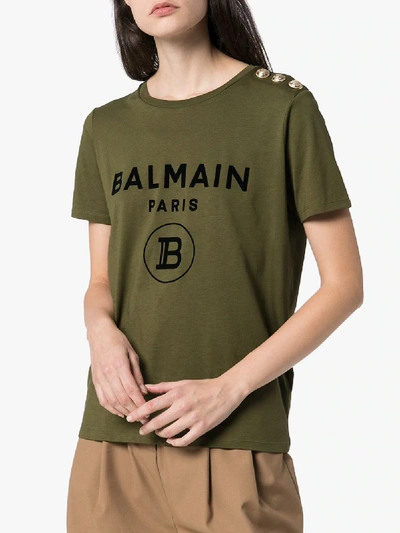 Shop Balmain Logo Print Cotton T-shirt In Green