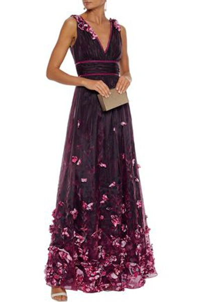 Shop Marchesa Notte Velvet-trimmed Floral-appliquéd Printed Organza Gown In Dark Purple