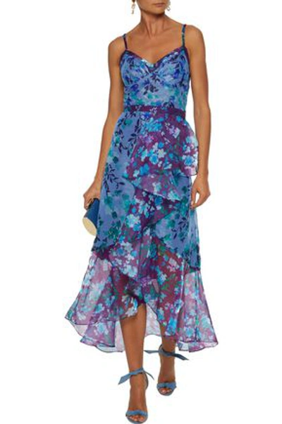 Shop Marchesa Notte Draped Floral-print Metallic Chiffon Midi Dress In Blue