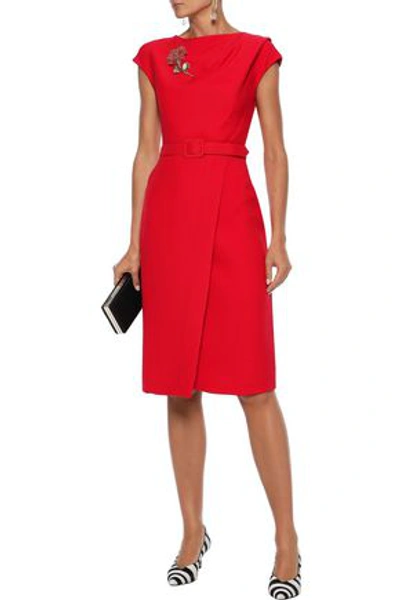 Shop Oscar De La Renta Woman Belted Appliquéd Wool And Silk-blend Dress Red