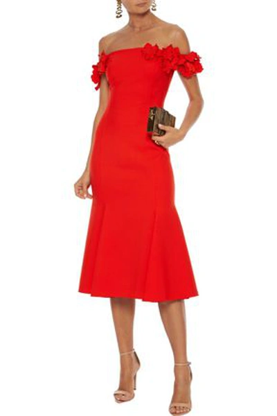 Shop Oscar De La Renta Woman Floral-appliquéd Tulle-paneled Wool-blend Cady Dress Red