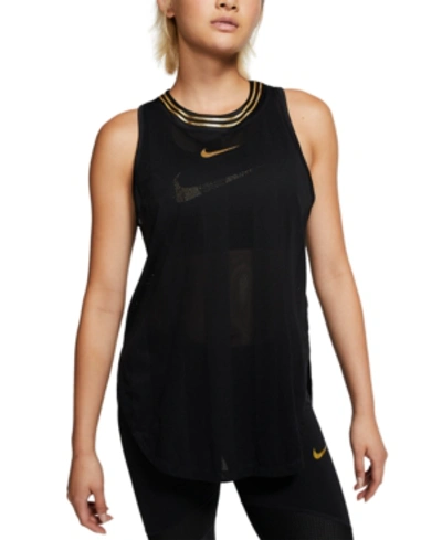 Shop Nike Women's Glam Metallic-logo Racerback Tank Top In Black/metallic Gold