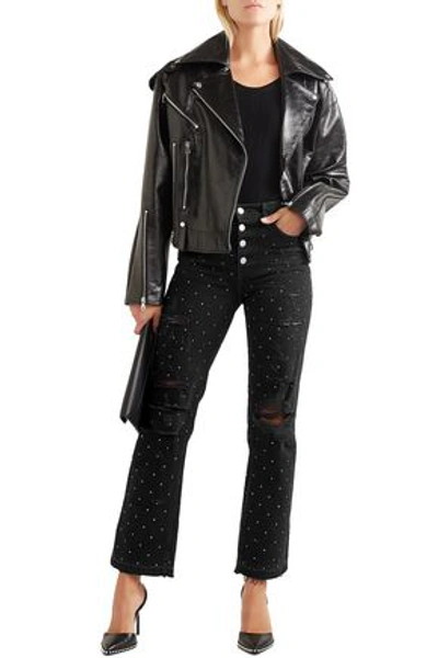 Shop Amiri Studded Distressed High-rise Straight-leg Jeans In Black