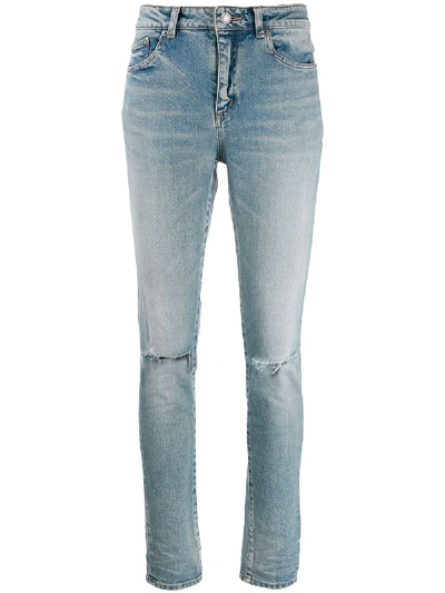 Shop Saint Laurent High Rise Ripped Knee Jeans In Blue