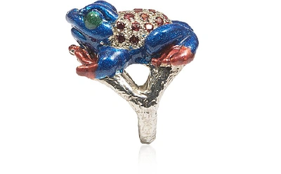 Shop Bernard Delettrez Designer Rings Silver Froggy Ring W/ Pavé Red Sapphires And Blue Enamel In Bleu