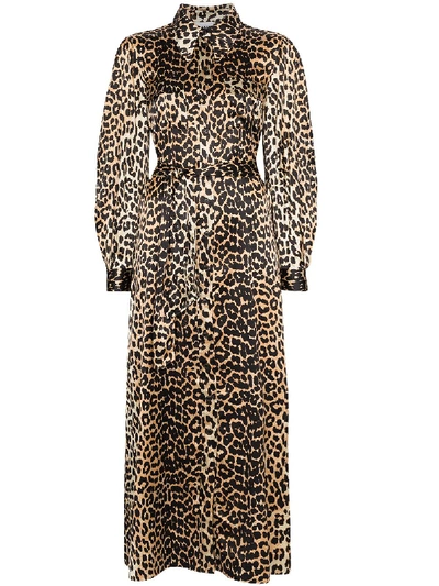 Shop Ganni Leopard Print Tie-waist Maxi Dress In Brown