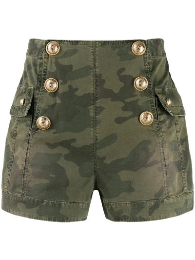 Shop Balmain Camouflage High-waisted Shorts In Green