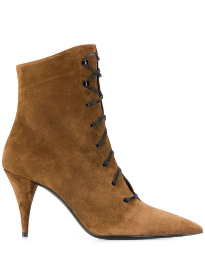 Shop Saint Laurent Lace-up Suede Ankle Boots In Brown