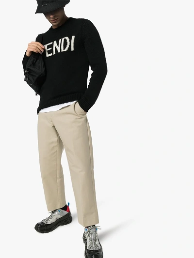 Shop Fendi Logo Intarsia Wool Sweater In Black