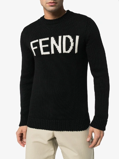 Shop Fendi Logo Intarsia Wool Sweater In Black