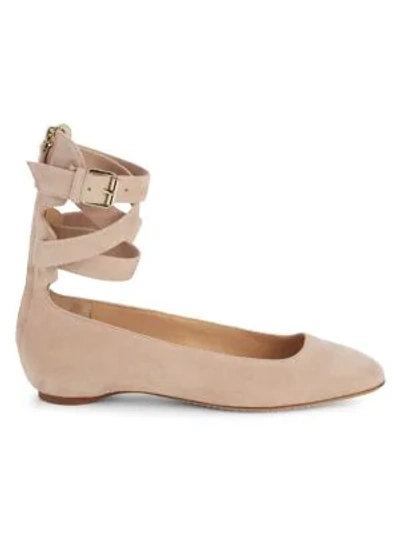 Shop Valentino Suede Ankle-wrap Flats In Poudre