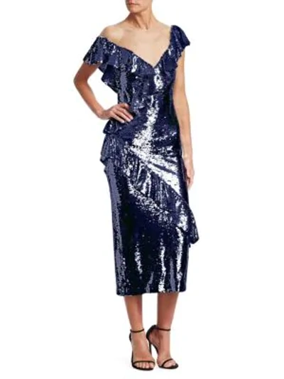 Shop Monique Lhuillier Asymmetrical Sequin Dress In Sapphire